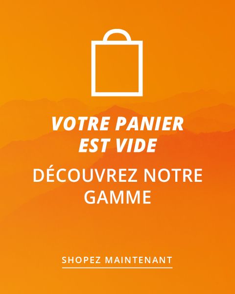 Fond orange avec une icône de sac de courses blanc en haut de la page. Le texte en français est : "Votre panier est vide. Découvrez notre gamme. Achetez maintenant."