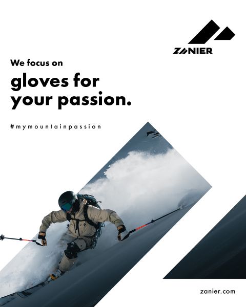 Un skieur en équipement d'hiver dévale une pente enneigée. Le texte en gras est : "Nous nous concentrons sur les gants pour votre passion". Le logo Zanier et le site web sont également visibles. Le hashtag #mymountainpassion est inclus.