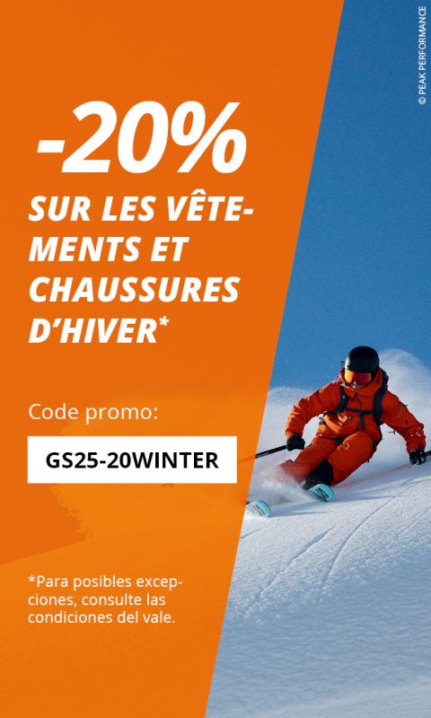 Un skieur en tenue orange dévale une pente enneigée. Le texte en français offre 20 % de réduction sur les vêtements et chaussures d'hiver avec le code promotionnel "GS25-20WINTER" et indique que des conditions peuvent s'appliquer.