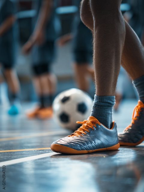 Gros plan d'une personne portant des chaussures de football grises et orange, debout près d'un ballon de football sur un terrain intérieur, avec des joueurs flous en arrière-plan.