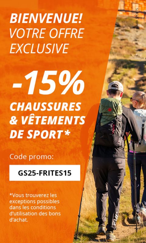 Bannière publicitaire montrant deux personnes faisant de la randonnée en plein air. Le texte offre 15 % de réduction sur les chaussures et vêtements de sport avec le code promotionnel GS25-FRITES15, ainsi que d'autres détails de l'offre en français.