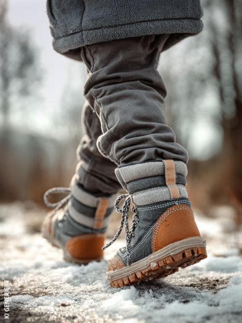 Un enfant en pantalon gris et bottes robustes court dans la neige, tandis que les arbres dénudés se fondent à l'arrière-plan.