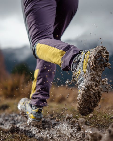 Une personne qui court à l'extérieur sur un terrain boueux, avec de la boue qui éclabousse ses baskets et ses jambes, et qui porte un pantalon de survêtement violet et jaune.