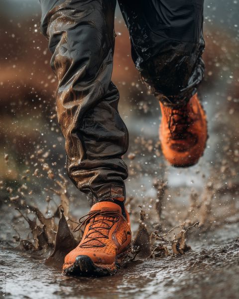 Une personne portant des chaussures de course orange éclabousse une flaque boueuse, projetant des gouttelettes d'eau et de la boue autour de ses jambes et de son pantalon.