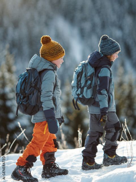 Deux enfants en vêtements d'hiver et avec des sacs à dos marchent dans un paysage enneigé, avec une forêt floue en arrière-plan.