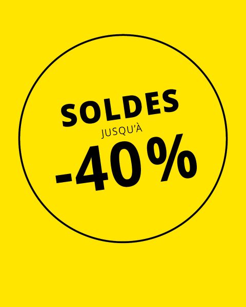 Texte noir gras sur fond jaune : « Soldes jusqu’à -40 % », à l’intérieur d’un cercle noir, publicité pour une vente allant jusqu’à 40 %.