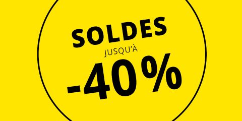 Fond jaune avec une police noire grasse : « Soldes jusqu'à -40 % », indiquant une vente jusqu'à 40 %.