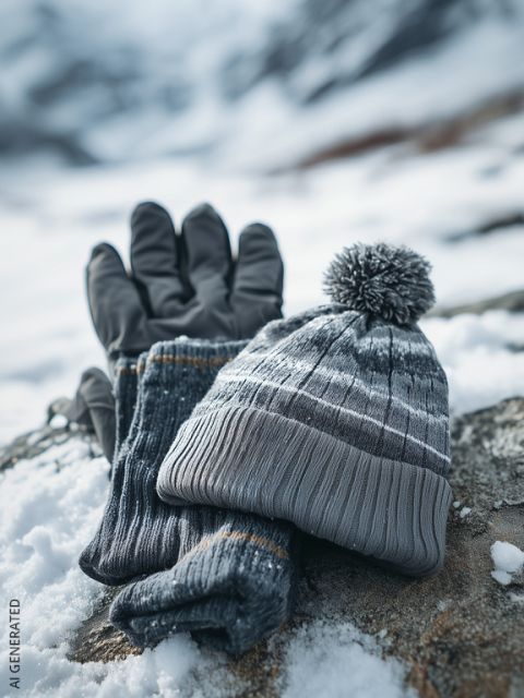 Un bonnet d'hiver gris et des gants assortis reposent sur un rocher enneigé, tandis que les montagnes enneigées se fondent à l'arrière-plan.