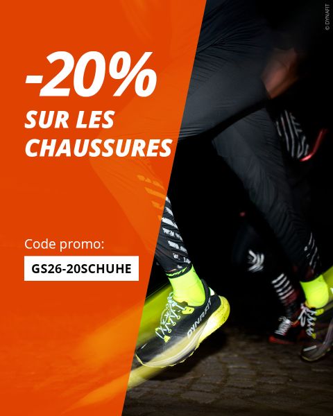 20% de réduction sur les chaussures, code promotionnel GS26-20SCHUHE. Chaussures de course néon en mouvement sur un fond sombre, superposition de texte orange et blanc.