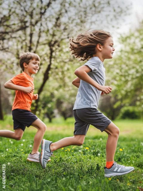 Deux enfants, un garçon et une fille, courent par une journée ensoleillée dans un parc herbeux avec des arbres en arrière-plan.
