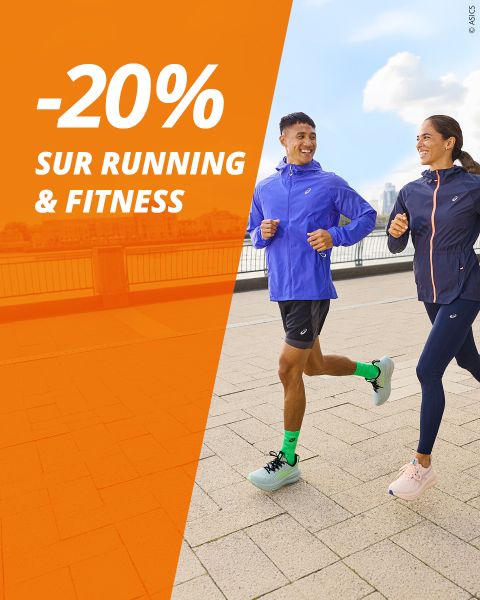 Deux personnes courent à l'extérieur en tenue de sport, souriantes, avec une grande bannière orange indiquant "-20% sur running & fitness".