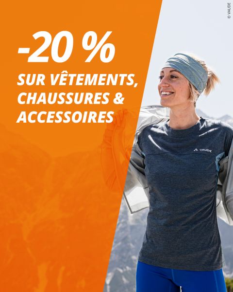 Femme souriante en tenue de sport à l'extérieur avec le texte : "-20% sur vêtements, chaussures & accessoires" sur fond orange.