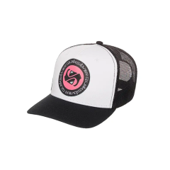 Casquette snapback aux couleurs pastel avec dos en maille et motif de feuilles abstraites en vert, orange et violet sur un fond circulaire blanc.