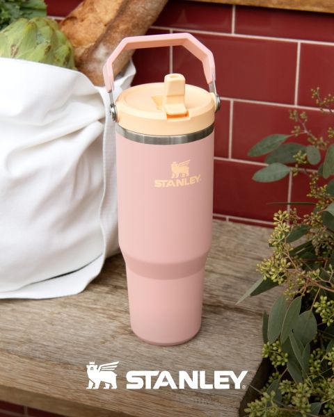 Une tasse Stanley rose avec une anse est posée sur une surface en bois à côté d'un sac blanc et de plantes vertes, avec le logo Stanley en bas.