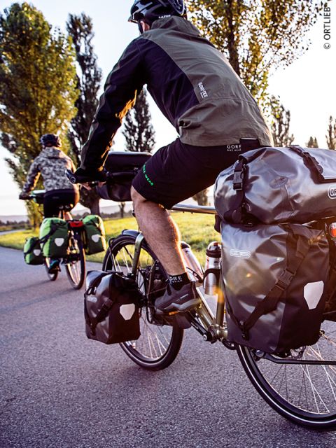 Deux cyclistes avec des sacoches chargées roulent sur une route ensoleillée bordée de grands arbres et font du camping en plein air avec leur équipement.