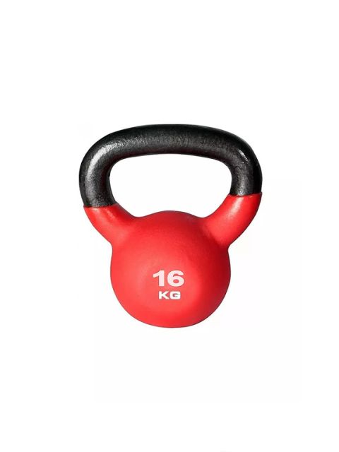 Kettlebell rouge avec poignée noire et l'inscription "16 KG" sur le devant, isolée sur fond blanc.