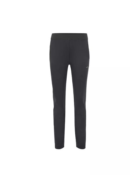 Pantalon de sport noir et ajusté avec une ceinture extensible, vu de face sur un fond blanc uni.