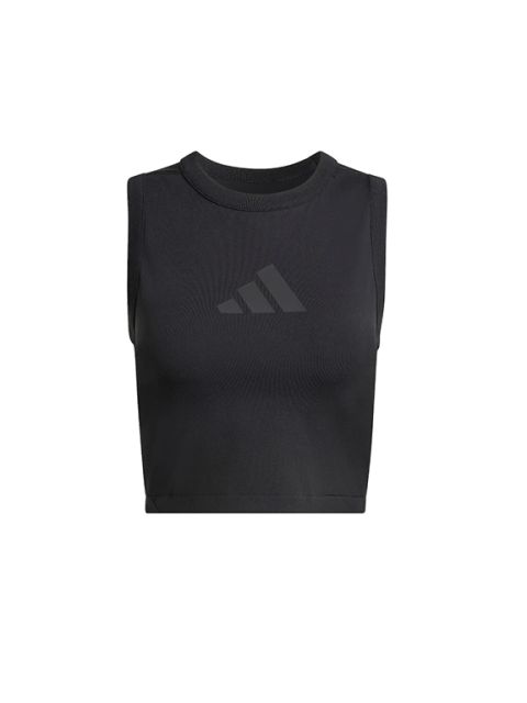 Crop-top noir sans manches à col rond avec un logo Adidas discret sur la poitrine, présenté sur un fond blanc uni.