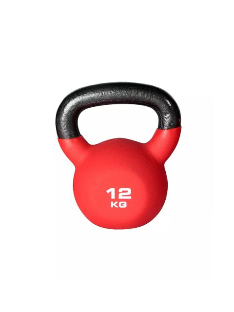 Kettlebell rouge de 12 kilogrammes avec poignée noire sur fond blanc.