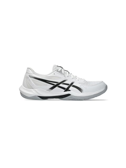 Chaussure de sport blanche avec détails et logo noirs, dessus en mesh et semelle en caoutchouc, représentée sur un fond blanc uni, vue de côté.