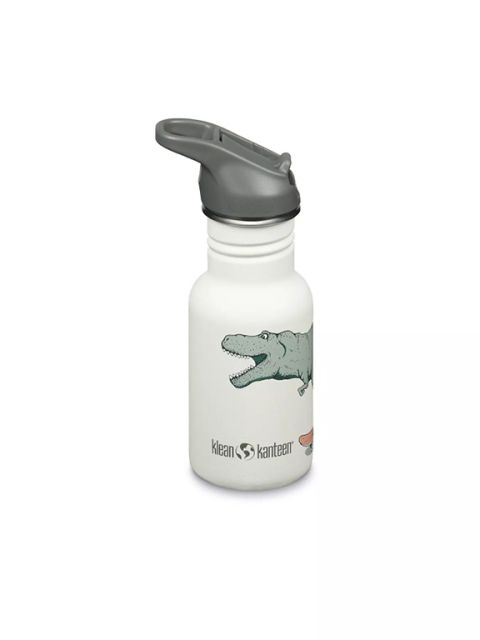 Bouteille d'eau Klean Kanteen blanche avec un couvercle gris et une illustration d'un dinosaure vert sur le côté, présentée sur un fond blanc.
