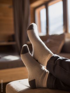 Une personne portant des chaussettes grises confortables avec des pointes et des talons foncés se détend dans une maison, les pieds relevés près d'une fenêtre ensoleillée et de meubles moelleux en arrière-plan.