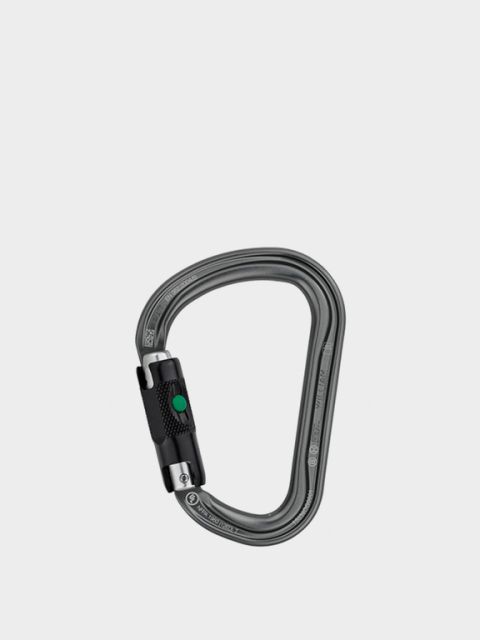 Sur un fond blanc uni, on voit un mousqueton gris-noir avec un mécanisme de fermeture. Au-dessus du mousqueton, on peut lire l'inscription « EXPRESSEN & KARABINER » en caractères gras blancs.