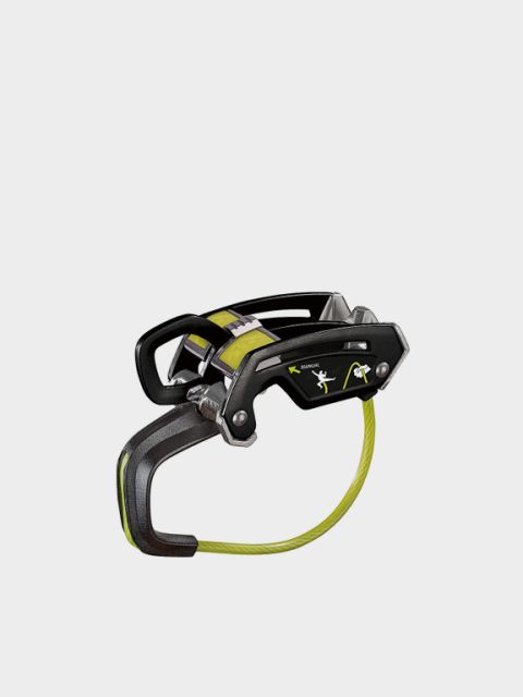 Image d'un dispositif d'assurage sur fond gris avec le texte "DISPOSITIFS D'ASSURAGE" au-dessus. L'appareil est noir avec des accents jaunes et un câble vert. Des schémas illustrent son utilisation.