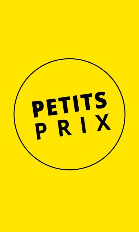 Texte noir "PETITS PRIX" à l'intérieur d'un cercle à bordure noire sur fond jaune vif.