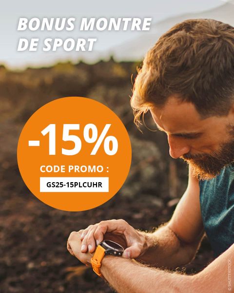 Deux personnes en tenue de sport courant à l'extérieur. Le texte superposé offre une réduction de 15 % sur les montres de sport avec le code promotionnel GS25-15PLCUHR. L'arrière-plan montre des marches en pierre.
