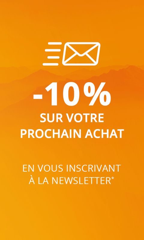 Orangefarbener Hintergrund mit Umschlagsymbol und Text, der 10 % Rabatt auf Ihren nächsten Einkauf anbietet, wenn Sie sich für den Newsletter anmelden, auf Französisch.