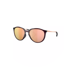 Lunettes de soleil à monture noire et verres ronds réfléchissants or rose sur fond blanc.