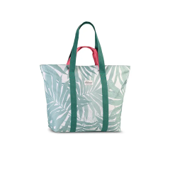 Un grand sac fourre-tout avec des motifs de feuilles vertes, des anses vert foncé et des poignées roses contrastantes sur un fond blanc circulaire.