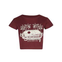 Crop top marron châtaigne avec graphique blanc de palmier, soleil et planche de surf et le texte "Billabong Catch Some Sun" sur le devant.