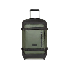 Valise à roulettes vert olive et noire avec une poche zippée sur le devant et une poignée télescopique, posée droite devant un fond blanc.