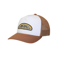 Casquette de routier marron et blanche avec dos en maille et écusson logo Quiksilver sur le devant sur fond blanc uni.