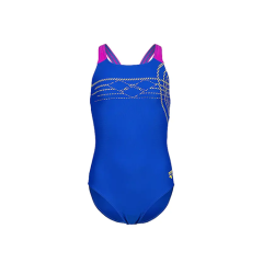 Maillot de bain une pièce bleu avec bretelles roses et motifs de lignes jaunes sur la poitrine et sur le côté, présenté sur un fond circulaire blanc.