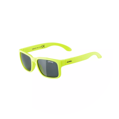 Lunettes de soleil jaune fluo avec verres noirs sur fond blanc circulaire. Les branches portent les inscriptions "CHIMAC" et "ALPHA".