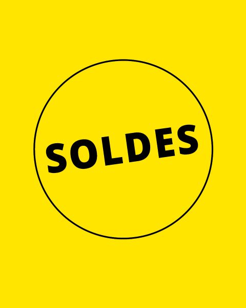 Texte gras noir "SOLDES" dans un cercle noir sur fond jaune vif.