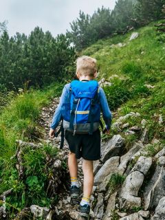 Un garçon avec un sac à dos bleu randonne sur un sentier de montagne rocheux et verdoyant, entouré d'herbe et d'arbres.