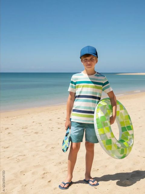 Un garçon en chemise rayée, casquette bleue et tongs se tient sur une plage de sable, tenant un anneau gonflable vert et des palmes à la main. Mer calme en arrière-plan.