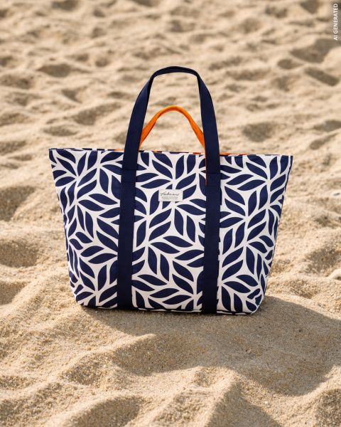 Un sac fourre-tout bleu marine et blanc à motifs de feuilles avec une doublure intérieure orange est posé sur la plage de sable.