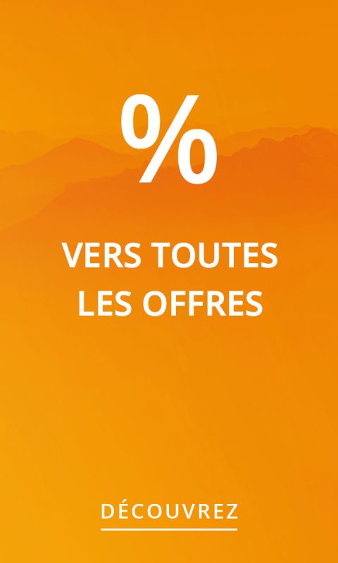 Fond orange avec un grand signe de pourcentage et le texte français "Vers toutes les offres, découvrez", indiquant des offres spéciales.