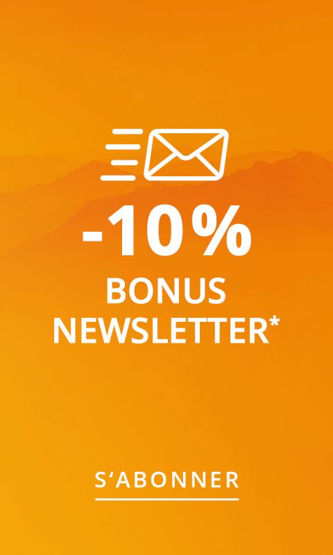 Orangefarbener Hintergrund mit Umschlagsymbol und Text, der 10 % Rabatt auf Ihren nächsten Einkauf anbietet, wenn Sie sich für den Newsletter anmelden, auf Französisch.