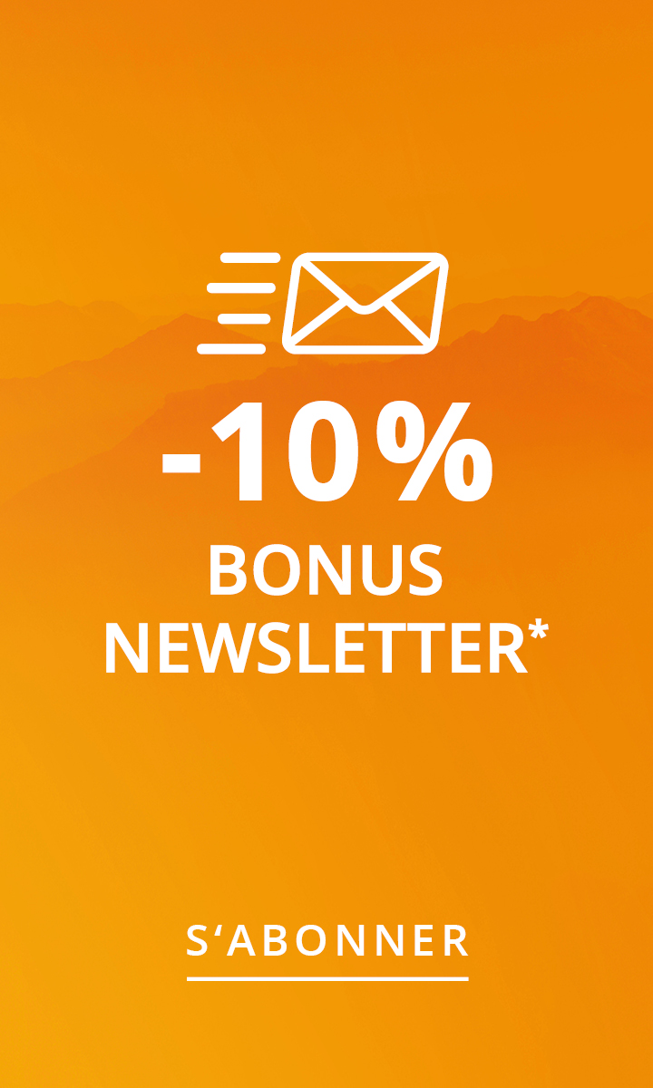 Orangefarbener Hintergrund mit Umschlagsymbol und Text, der 10 % Rabatt auf Ihren nächsten Einkauf anbietet, wenn Sie sich für den Newsletter anmelden, auf Französisch.
