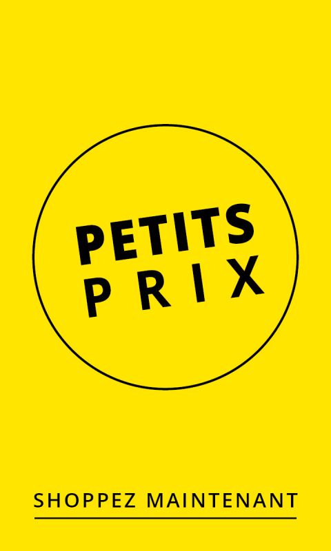 Texte noir "PETITS PRIX" à l'intérieur d'un cercle à bordure noire sur fond jaune vif.