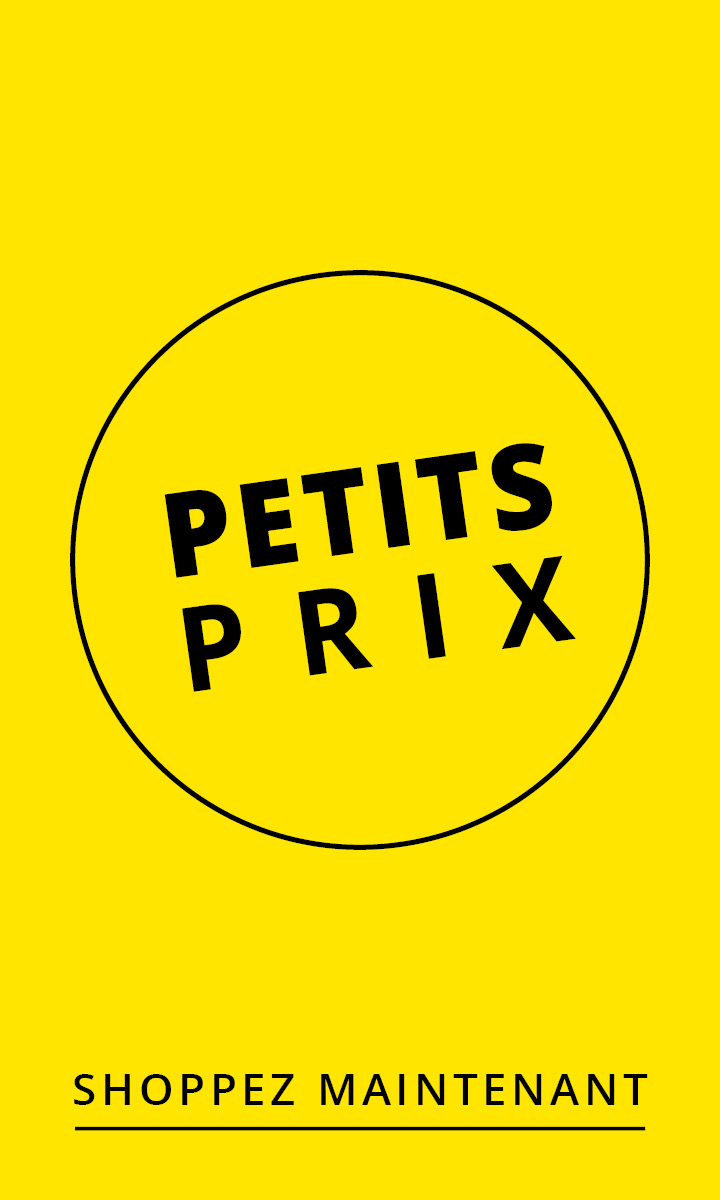 Texte noir "PETITS PRIX" à l'intérieur d'un cercle à bordure noire sur fond jaune vif.
