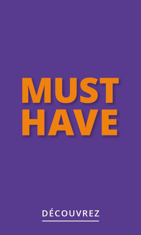 Texte orange « MUST HAVE » sur fond violet, avec « DÉCOUVREZ » en lettres blanches en bas, souligné par deux lignes blanches.