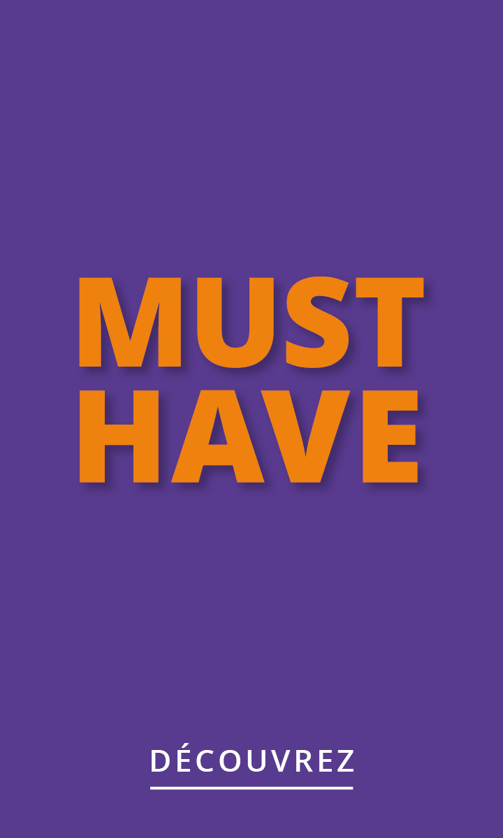 Texte orange « MUST HAVE » sur fond violet, avec « DÉCOUVREZ » en lettres blanches en bas, souligné par deux lignes blanches.
