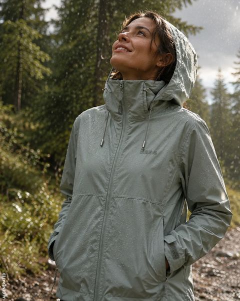 Une personne en imperméable rouge marche sous la pluie sur un chemin forestier boueux, entourée de grands pins et de rochers mouillés.